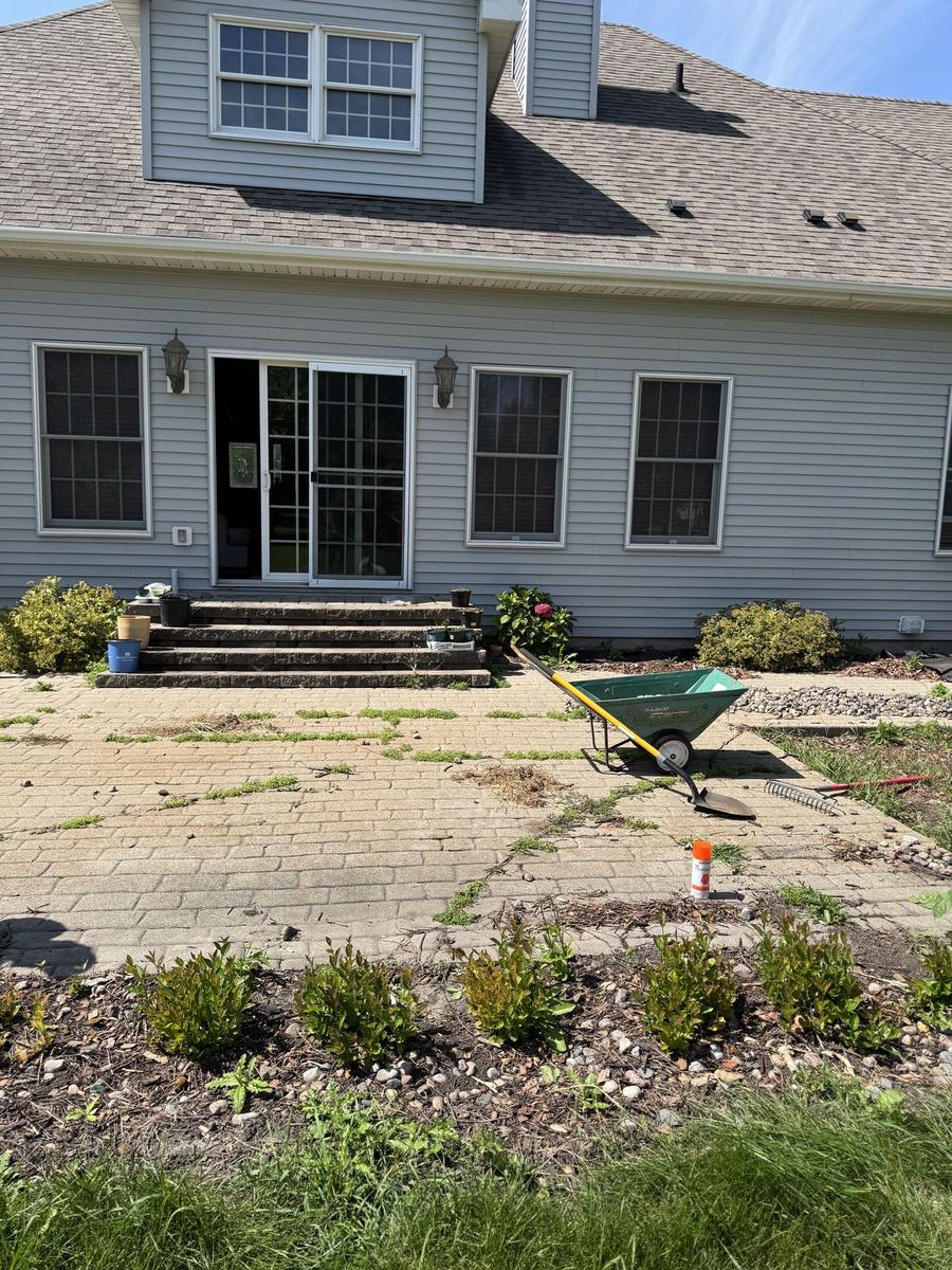 Overgrown paver patio before OARA's concrete work