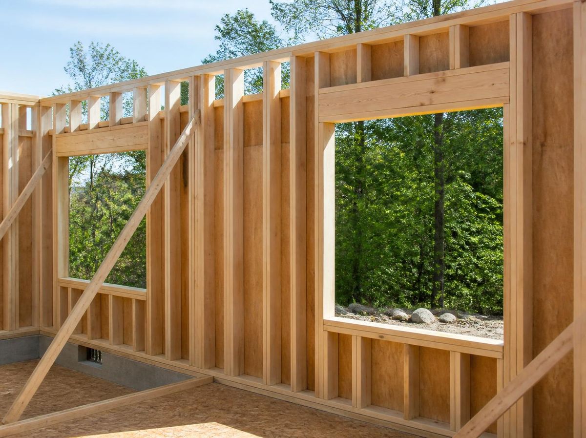 Framed exterior wall with window openings on a jobsite