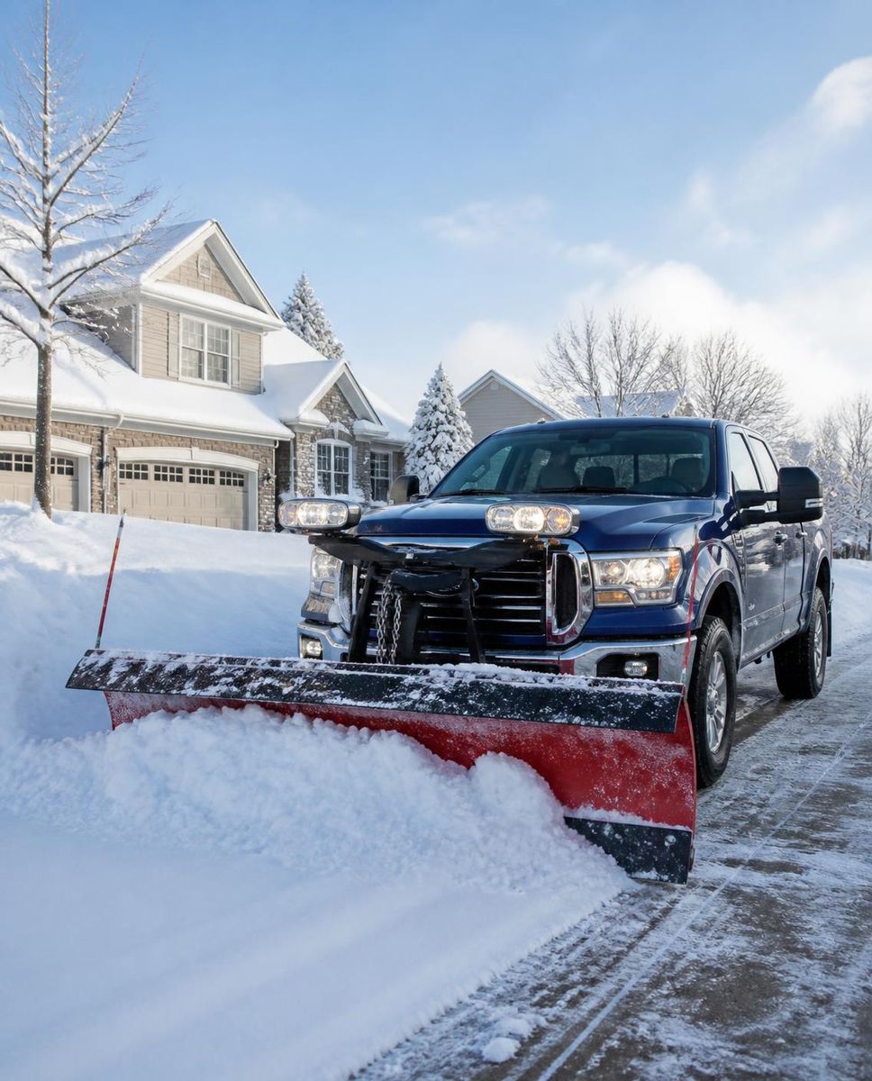 Pickup truck with a snow plow clearing a residential driveway on a clear winter day